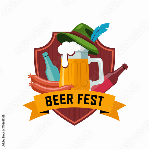 An emblem showcases key elements of beer festivals, including a beer mug, sausages, and beverage bottles, symbolizing the celebration of local brews and culinary delights.