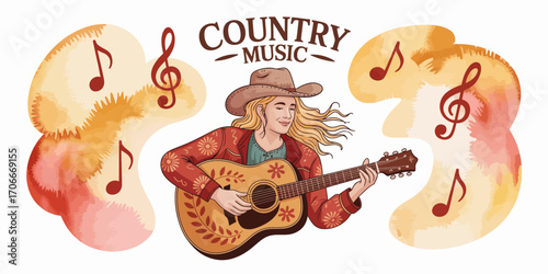 This warm illustration depicts a country music artist with long hair gracefully playing guitar, reflecting the soulful spirit of music and the joy it brings to people's lives.
