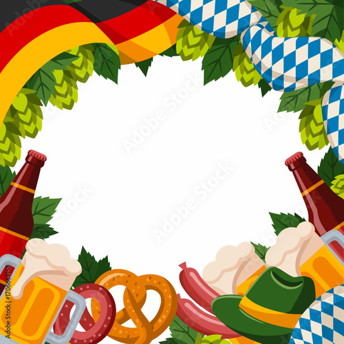 This festive image features an arrangement of beer, pretzels, and sausages, framed by vibrant decorations, representing the joyous spirit of Oktoberfest celebrations and culture.