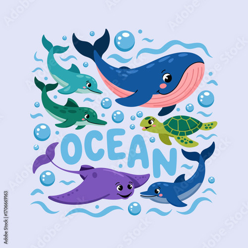 This charming illustration showcases a variety of marine life such as whales, dolphins, and turtles enjoying the vibrant underwater landscape filled with bubbles and colors.