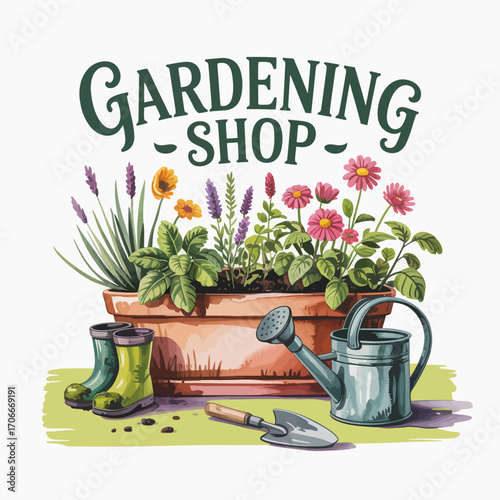A lively gardening shop display featuring colorful flower pots planted with vibrant blooms, accompanied by watering can and gardening boots, ideal for garden enthusiasts.