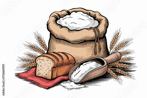 A rustic scene featuring a sack full of flour, freshly baked bread alongside a wooden scoop, and an assortment of wheat highlighting the essence of baking.