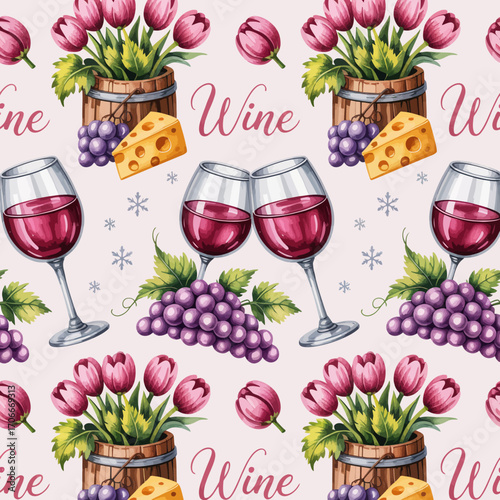 An inviting pattern design featuring wine glasses, grapes, cheese, and tulips that brings a sense of warmth and joy to any social setting or venue.