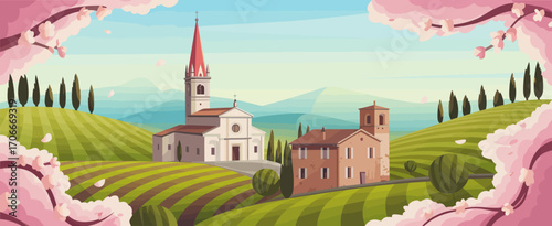 A picturesque view of a serene countryside featuring a charming church amidst rolling hills, blooming cherry blossoms, and enhancing natural beauty in a vibrant landscape.