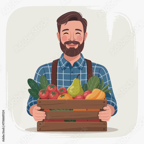 A cheerful farmer holds a wooden crate filled with fresh vegetables and fruits, showcasing a bountiful harvest and connection to nature's abundance and sustainability.