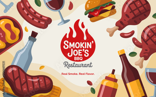 A lively BBQ restaurant scene featuring smoky meats, burgers, and condiments, celebrating the essence of barbecue culture and the joy of sharing delicious meals.