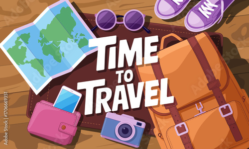 An artistic arrangement of stylish travel essentials including a backpack, camera, and map that represents the excitement and anticipation of future adventures and journeys.