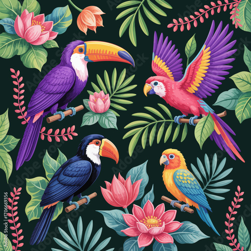 An engaging illustration featuring tropical birds intermingled with exotic flora, emphasizing nature's diversity and intricacies through vivid colors and details.