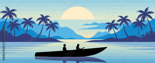 Two friends navigate a tranquil body of water in a sleek boat, illuminated by a beautiful dusk sky, evoking feelings of camaraderie and the beauty of shared adventures.