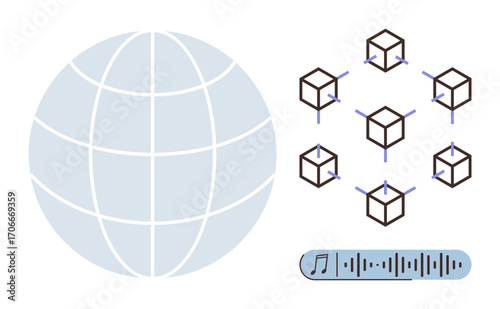 Globe with network grid symbolizing global data, connected blocks representing blockchain, music icon with audio wave. Ideal for blockchain, networking, global data, media sharing, connectivity