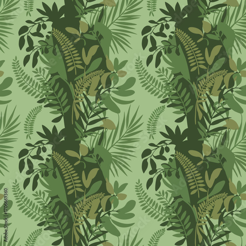 A stunning array of diverse green botanical leaves arranged in a repeating pattern, showcasing the beauty and complexity of nature's vegetation.