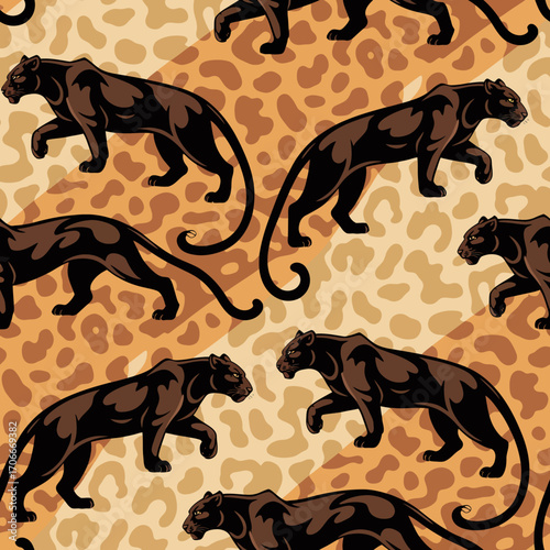 An artistic depiction of panthers in motion against a captivating abstract background, this image emphasizes elegance and wild beauty in a seamless format.