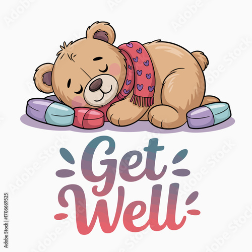 This charming teddy bear, lying on colorful medicine capsules with a peaceful expression, embodies warmth and care while promoting the message 'Get Well' in the image.