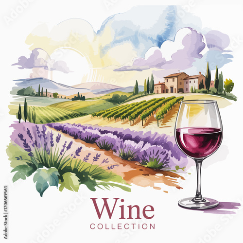 A gorgeous wine glass set in nature, surrounded by lush vineyards and lavender, perfectly illustrating the beauty and tranquility of wine enjoyment.