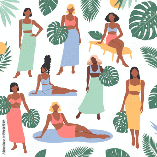 A vibrant illustration showcasing diverse women in summer outfits surrounded by tropical elements, capturing the essence of summer fashion and relaxation.