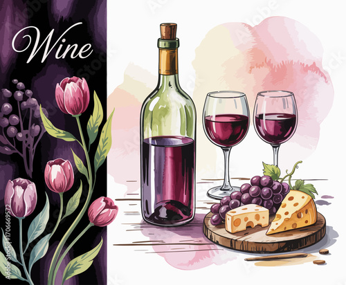 A beautiful composition featuring a wine bottle, glasses, cheese, and grapes, showcasing a sophisticated culinary experience perfect for wine lovers and gatherings.