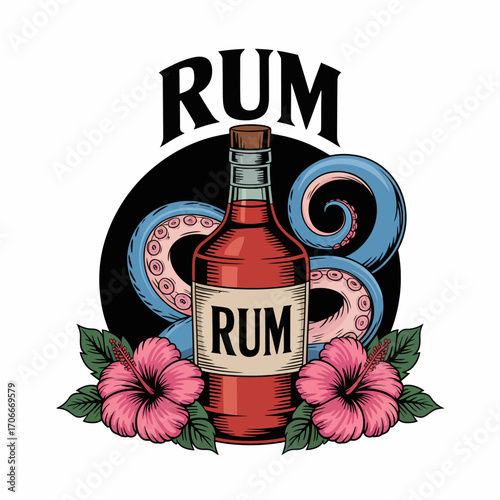 This image showcases a rum bottle surrounded by beautifully illustrated octopus tentacles and hibiscus flowers, evoking a sense of tropical bliss and creative spirit.
