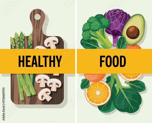 This vibrant image showcases a wooden board with fresh asparagus and mushrooms, alongside colorful vegetables and fruits, emphasizing healthy food choices for a balanced diet.