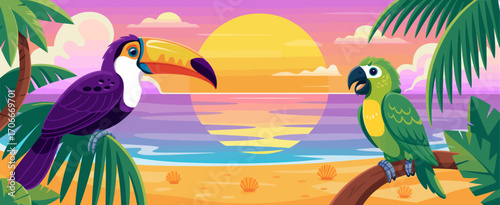 A picturesque dawn featuring a toucan and a parrot set against the backdrop of calm ocean waters and a vibrant rising sun with rich colors illuminating the sky.