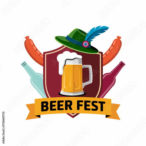 A stylish badge integrates favorite beer festival elements like a beer mug, bottles, and sausages, creating a unique symbol of enjoyment and community spirit during celebrations.