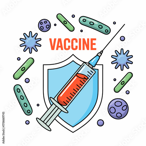 An illustration showcasing a syringe filled with vaccine, surrounded by various microbes, emphasizing the protective aspect of vaccines against diseases and infections.