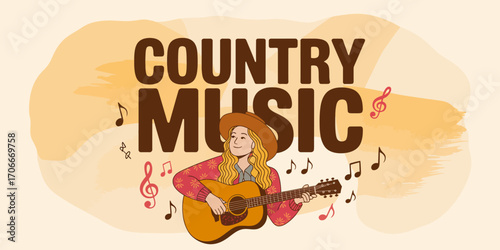 This vibrant image illustrates a joyful musician playing acoustic guitar while performing country music, surrounded by musical notes and artistic elements.