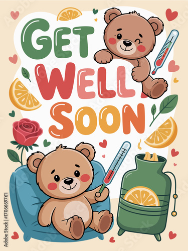 This delightful image showcases two playful teddy bears sitting comfortably, with playful elements and bright colors, enhancing the get well soon sentiment beautifully.