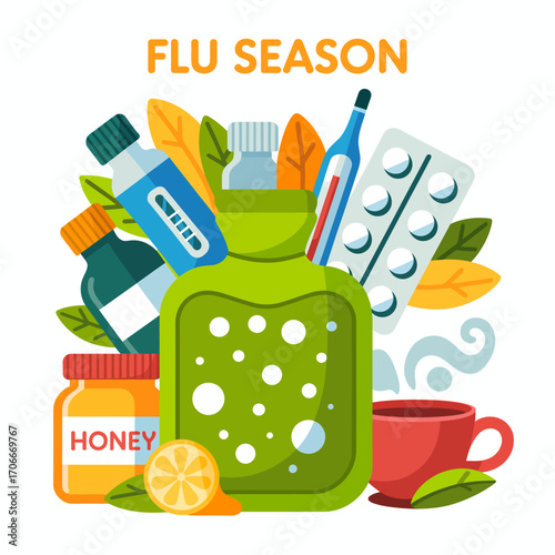 A creative depiction of health items against seasonal flu, showcasing herbal ingredients and home remedies, emphasizing care and comfort during cold months for wellness.