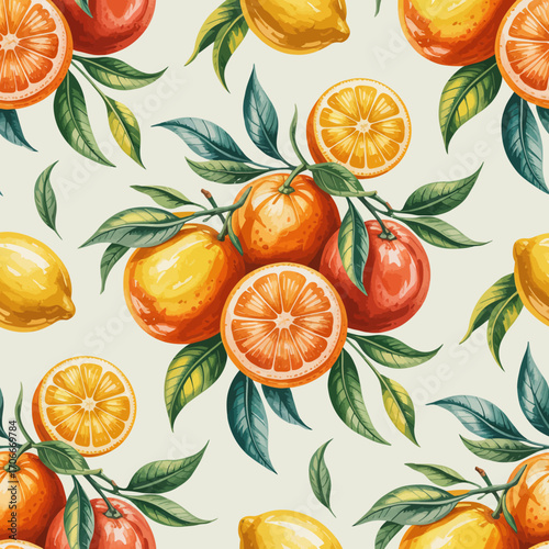 This artistic depiction features an array of vibrant citrus fruits embellished with lush green leaves, creating a refreshing vibe, perfect for a variety of creative projects.