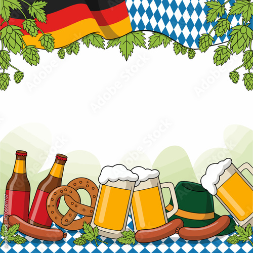 This lively illustration shows classic beer mugs, sausages, and pretzels, embodying the essence of German culture and the joyful atmosphere found at Oktoberfest.