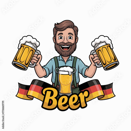 A joyful image featuring a cheerful man holding two beer mugs, celebrating the joy of beer culture with a festive touch, perfect for beer lovers and events.