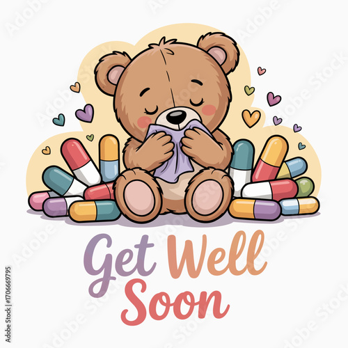 This delightful teddy bear, cherishing a small tissue, is surrounded by colorful capsules, imparting a soothing wish of wellness captured in the phrase 'Get Well Soon'.