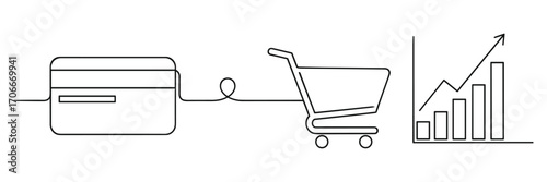 A continuous line drawing illustrating online shopping trends connected to payment methods