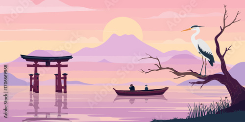 An artistic portrayal of a peaceful water scene featuring a torii gate, a boat with two figures, and a heron, underscoring themes of tranquility and cultural harmony.