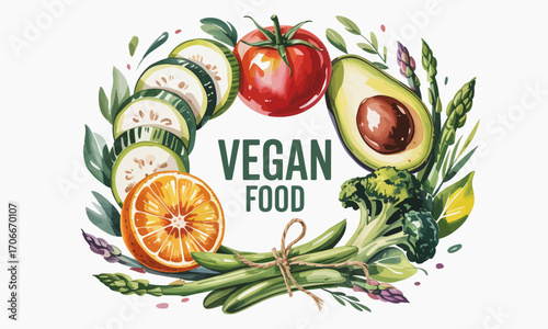 An artistic and colorful arrangement of assorted fresh vegan ingredients, emphasizing the appeal of plant-based meals and healthy, eco-conscious choices.