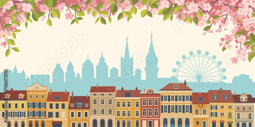 This captivating image features a classic European skyline adorned with cherry blossoms, showcasing beautiful historic architecture and a serene, picturesque atmosphere.