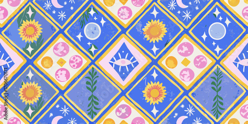 Whimsical celestial and botanical pattern featuring suns moons stars and eyes in a diamond grid