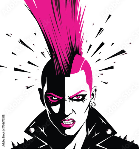 Edgy Punk Character Illustration with Pink Mohawk and Intense Expression