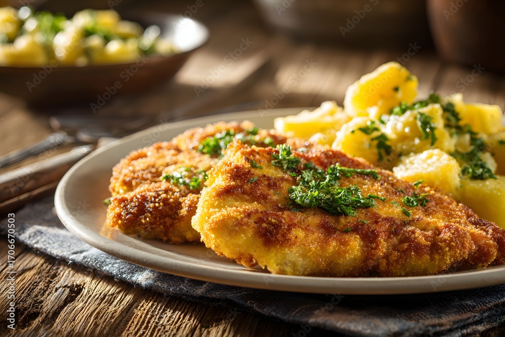 Fototapeta premium Overhead close-up of breaded schnitzel with parsley potatoes on rustic plate.
