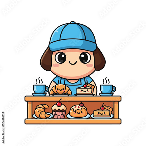 Adorable chibi baker character at a cozy cafe counter with a delightful assortment of fresh pastries, sweet cakes, and hot coffee. A charming food service mascot illustration