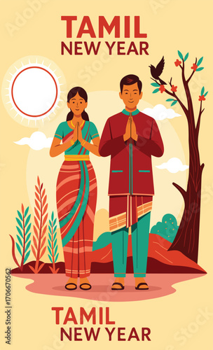 Tamil New Year Greetings Traditional Couple in Festive Attire