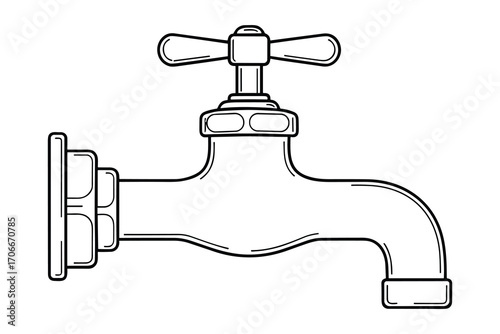 Detailed Line Art Depiction of a Classic Water Faucet with Handle on White Background.