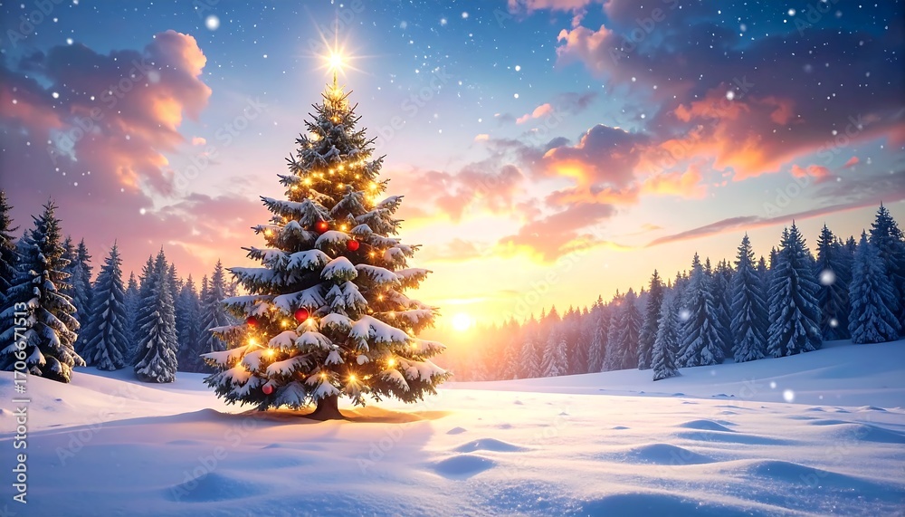 Fototapeta premium Snowy Christmas tree at dawn