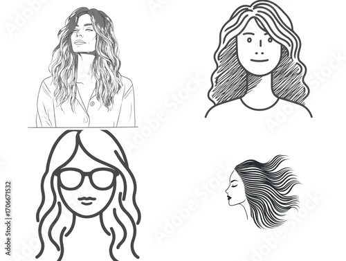 Illustrated portraits of women with long wavy hair in various poses  