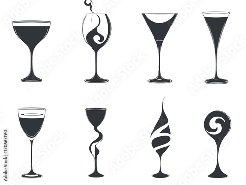 Variety of cocktail glasses in minimalist design for beverages  