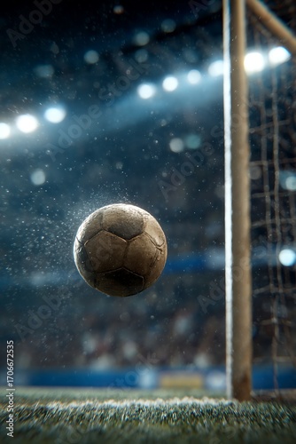 Intense soccer ball flight toward goal under brilliant stadium lights at night