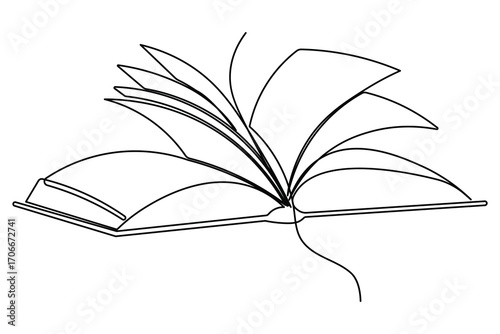 Abstract open book with flying pages one line drawing minimalist isolated outline