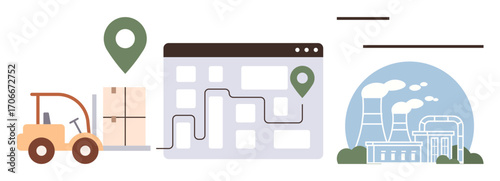 Forklift moving a package, route map with location icons, and factory buildings emitting steam. Ideal for logistics, supply chain, tracking, warehouse, manufacturing transportation delivery. Simple