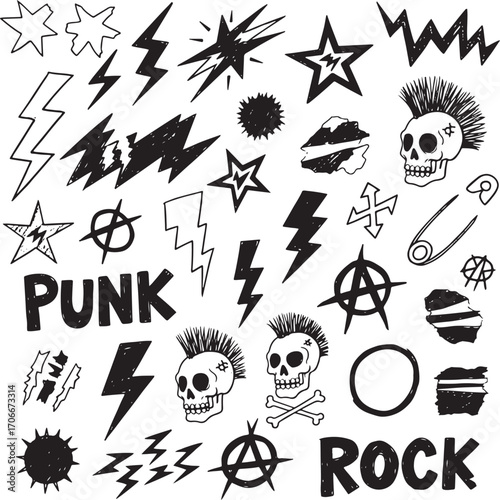 A hand-drawn collection of punk rock doodles, featuring skulls, lightning bolts, and stars