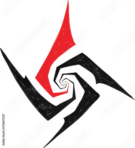 A hand-drawn abstract spiral, with sharp, jagged red and black shapes
